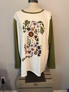 Floral Print Long Sleeve Top - Green & White